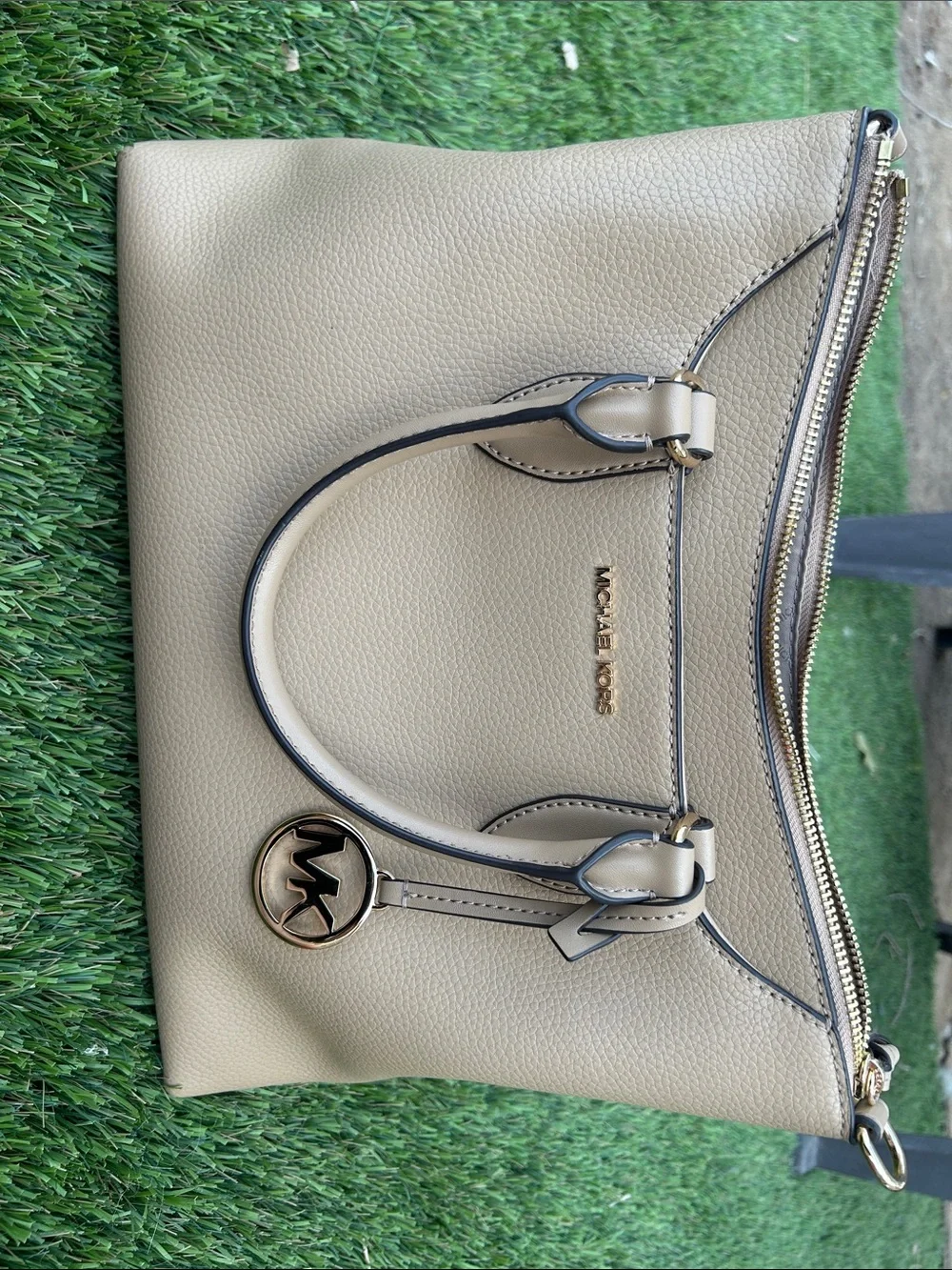 Michael Kors Taupe Pebble Leather Satchel with Gold Accent